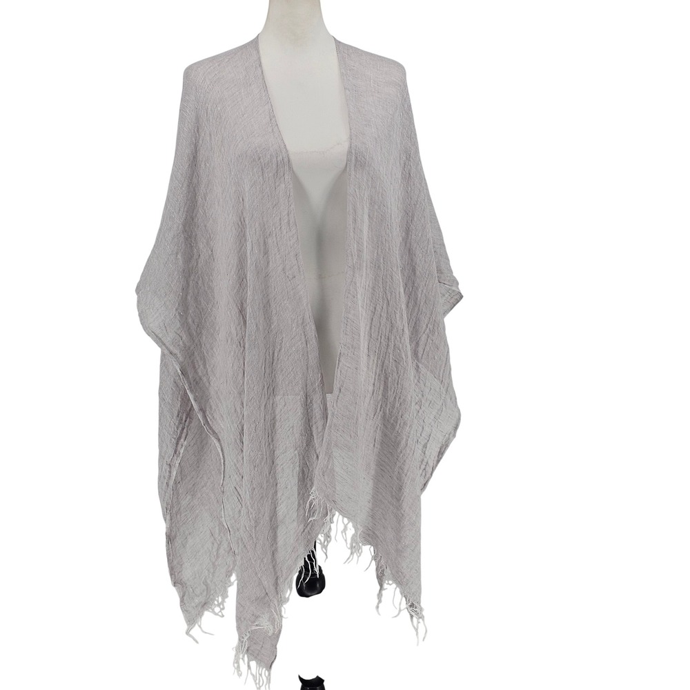 Mer Sea & Co Linen Wrap One Size Gray Womens Frayed Fringe Open Front Poncho